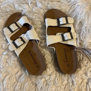 BearPaw White Double-Buckle Slide Sandals